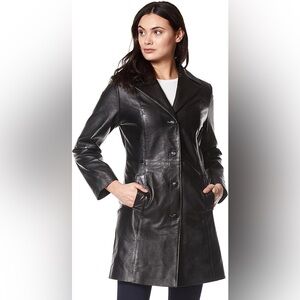 Jones New York Fitted Trench Black Leather Coat Size Small